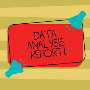 显示数据分析报告的文本符号。关于评估数据过程的概念照片信息两个带有声音的扩音器, 在空白颜色上突出的矩形形状