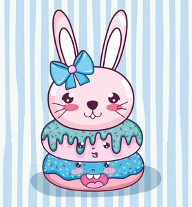 可爱的兔子脸上的甜甜圈卡瓦伊卡通矢量插图图形设计