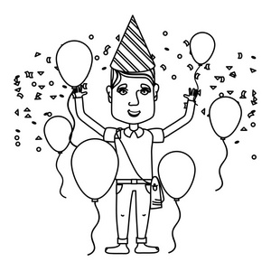 线男用气球和帽子矢量插图庆祝生日快乐