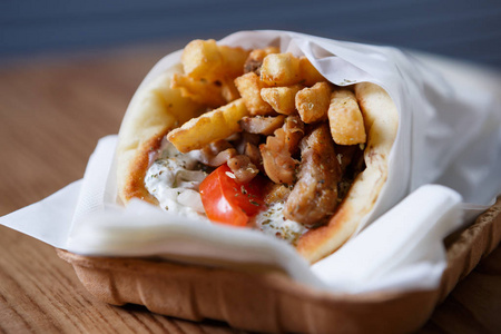  souvlaki meat dish from Greece.Unhealthy roasted fastfood dinne