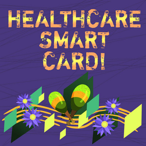 显示医疗智能卡的概念手写. 商业照片文本具有患者基础知识的卡片是健康记录五颜六色的乐器马拉卡斯花和曲线音乐剧工作人员