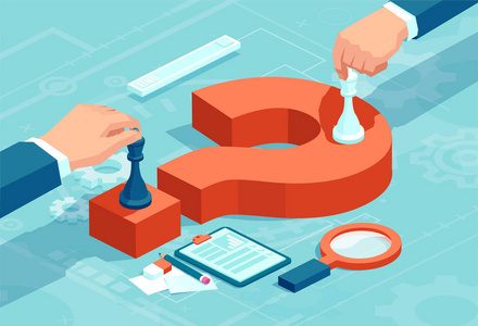 矢量概念商人移动棋子的红色问号谈判战略决策.照片