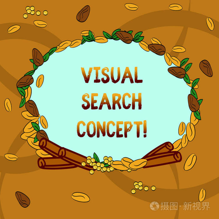 显示视觉搜索概念的文本符号。概念照片感知任务需要注意的对象花环由不同颜色的种子叶和滚动肉桂照片
