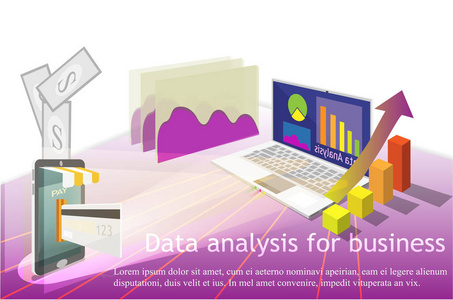 数据分析连接图表和智能手机进度管理概念财务增长报告卡支付互联网网络计量矢量艺术和插图设计。