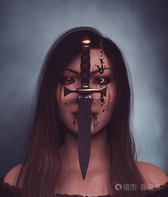 邪恶的猎手鬼脸上有匕首的女人画像照片-正版商用图片17w902-摄图新