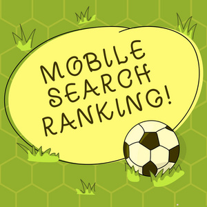 显示移动搜索排名的概念手写。展示网站或页面的商业照片在搜索引擎结果中排名足球球的草和空白圆形的照片