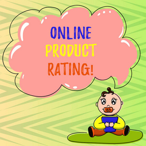 显示在线产品评级的概念手写。商业照片展示了关于电子商务和在线产品的反馈婴儿坐在地毯安抚书和云语音泡泡