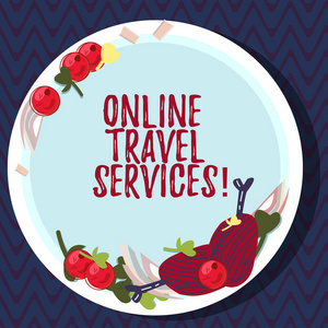 显示在线旅行服务的文本符号。概念图运行旅游和旅游相关服务的公众手绘羊排草本香料樱桃番茄在空白彩板