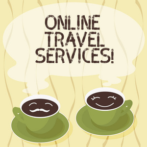 手写文本在线旅游服务。概念的意思是运行旅游和旅游相关的服务, 为公众集杯酱油为他和她的咖啡脸图标与空白蒸汽