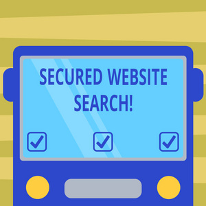 显示安全网站搜索的文本符号。概念照片浏览器和网站通信是加密绘制的平面前视图的总线与空白颜色窗口屏蔽