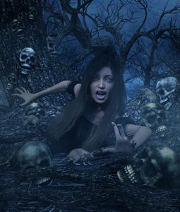 鬼魂女人在闹鬼的森林3d插图照片