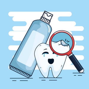 牙膏和放大镜的牙齿治疗