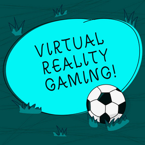 显示虚拟现实游戏的概念手写。商业照片文本在电脑游戏足球球的应用草地和空白圆形形状的照片