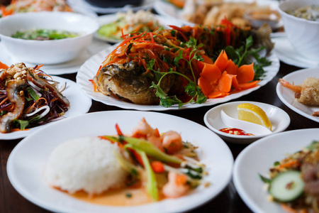  seafood.Big Asian restaurant dinner.Shrimp roll,eel salad amp