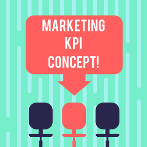 文字文字营销 kpi 概念。在营销渠道中衡量活动效率的业务概念空白颜色箭头指向三个旋转椅照片中的一张