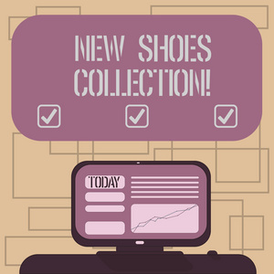 显示新鞋子系列的文字符号。概念照片收集新鞋类的过程或激情安装在桌面上的线形计算机屏幕上的空白彩色文本框