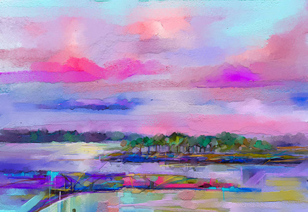 抽象油画景观。 五颜六色的蓝色紫色天空。 油画户外帆布。 半抽象的树田草甸。 抽象景观自然当代艺术背景