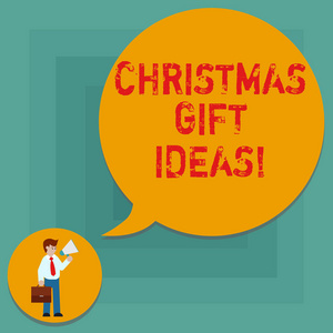 概念手写显示圣诞礼物想法。商业照片文本建议最好的礼物给予在圣诞节天男人在领带携带公文包举行扩音器讲话泡泡