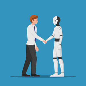 商人和人工智能机器人握手。 人工智能概念。