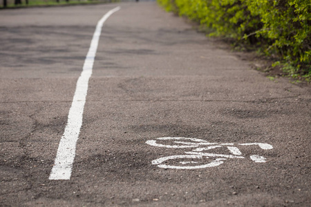 白色自行车符号画在沥青上，分隔自行车道的自行车在公园里。 没有模型