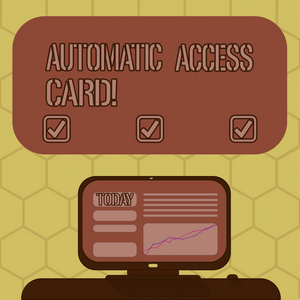 文字书写文本自动访问卡. 用于控制进入建筑物外门的商业概念安装在桌面空白彩色文本框上的带有线形的计算机屏幕