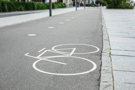 户外公园沥青上白色油漆自行车道标志。 健康生态运输的独立途径