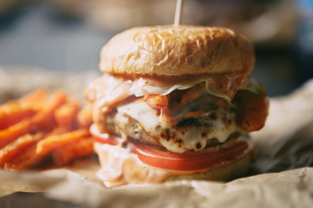  serve it in cursty fresh bun bread.Burger menu close up