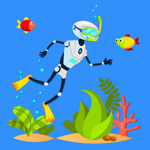孤立的插图手持 vr 耳机的机器人裁剪镜头科学水下机器人用起重机准备