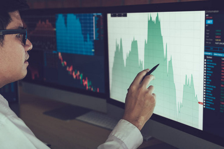 年轻的商人手指着电脑屏幕上的股票市场图表。