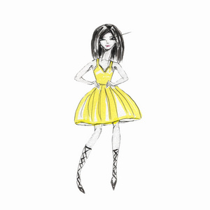 穿鸡尾酒礼服的女孩。可爱的女孩，留着长长的黑发和黄色的连衣裙，孤立地站在白色的背景上。 标记样式插图。