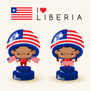 戴着国帽和举着国旗的男孩和女孩利比里亚矢量插图