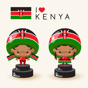 戴国帽和举国旗的男女儿童肯尼亚矢量插图