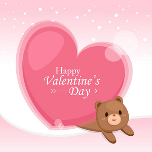s Day Greeting card. Big heart with cute bear on pink background
