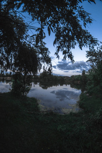 池塘上的夜晚风景图片