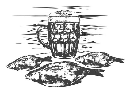 啤酒派对插图。 啤酒杯鱼。 素描艺术风格的传统构图。