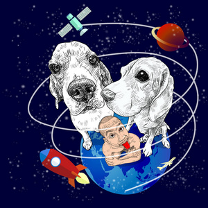一个人伸出红色的舌头，用他的两只比格犬在蓝色地球上站立，他的两只比格犬有着外太空星球火箭的气味，以及对宠物和主人矢量插图的滑稽想