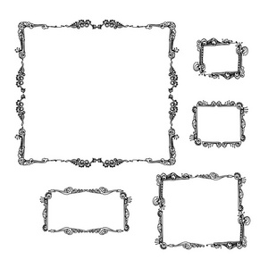 一套装饰复古框架。 由白色背景的手工矢量插图绘制的图形