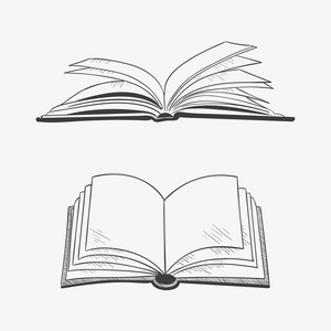 打开的书孤立在白色背景上. 矢量黑色复古雕刻插图. 手绘图形风格.
