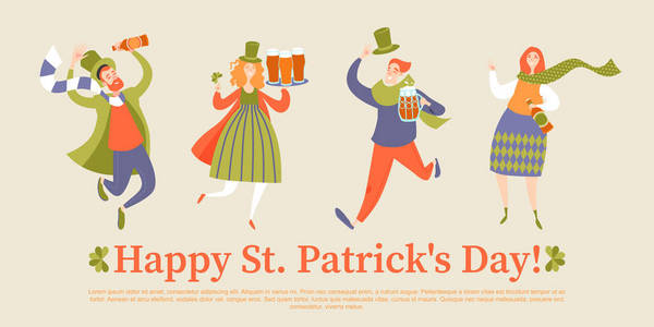 s Day vector greeting banner with happy people holding bottles a