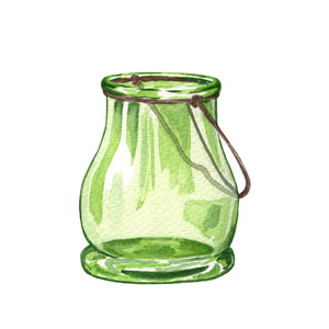 水彩玻璃瓶隔离在白色上。 透明彩色玻璃瓶。 水彩各种玻璃瓶。 手绘老式插图的小瓶瓶罐隔离在白色背景。