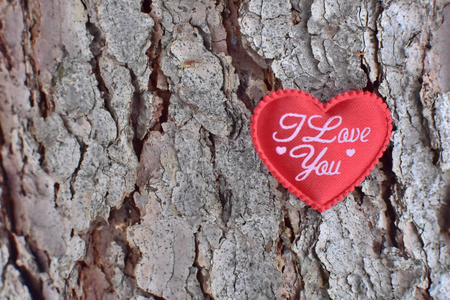 红色的心与文字，我爱你的木制背景