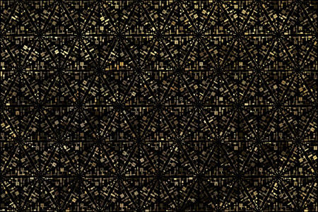 黑色背景上的矢量金色多边形几何无缝图案。极简主义风格。