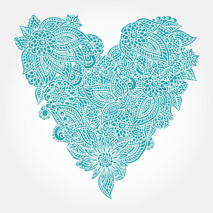 详细的手绘涂鸦，蓝色，华丽的心隔离在白色的背景上。浪漫符号矢量插图。