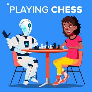 机器人玩国际象棋与妇女向量。孤立的插图