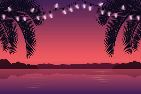 紫色天堂棕榈海滩上的仙灯
