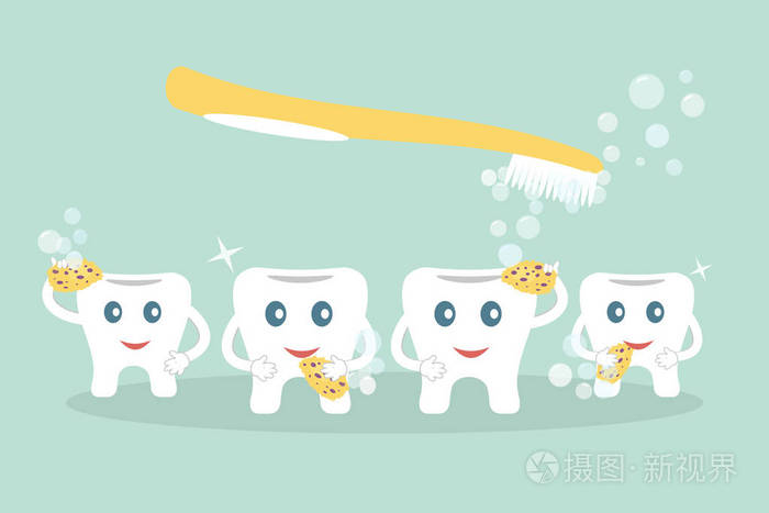 可爱的卡通风格牙齿清洗黄色海绵泡泡和芥末牙刷在蓝色背景.