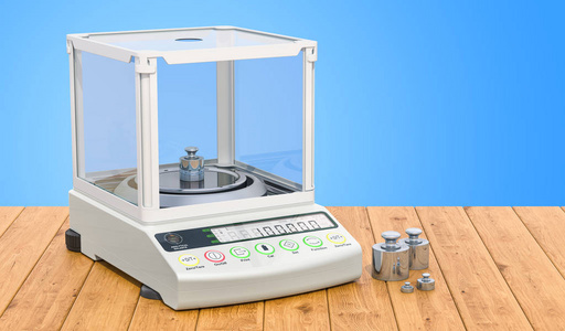 分析平衡数字实验室天平，在木桌上设定校准重量。 3D渲染