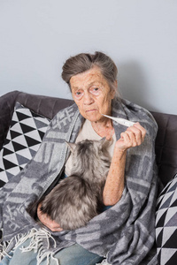 一位非常老的白种人祖母，头发灰白，皱纹很深，正和一只宠物猫坐在沙发上。 疾病是感冒和发烧。 养老金领取者手里拿着温度计。