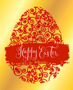 快乐复活节贺卡。 红色鸡蛋符号和手绘字体矢量弹簧插图在金色背景上。