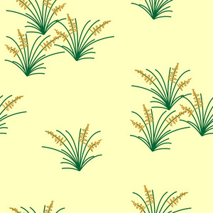 热带草原牧场启发无缝矢量模式。 简单的草丛在绿色和芥末黄沙的颜色背景。